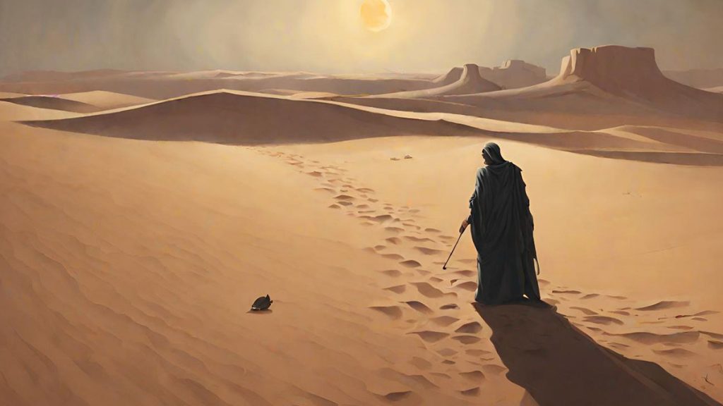 Qareen as a shadow following a man in desert