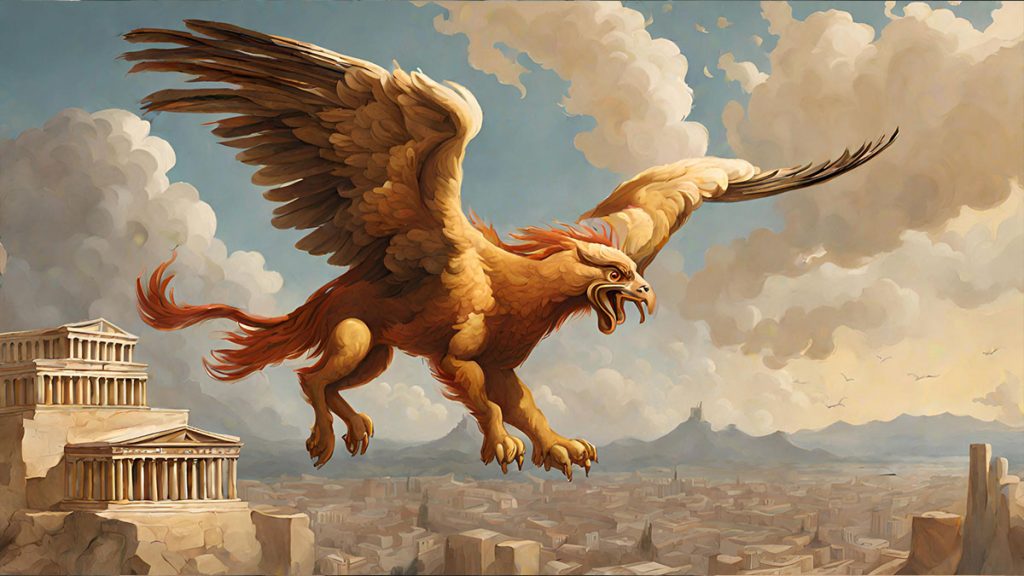 Griffin flying over ancient Greece