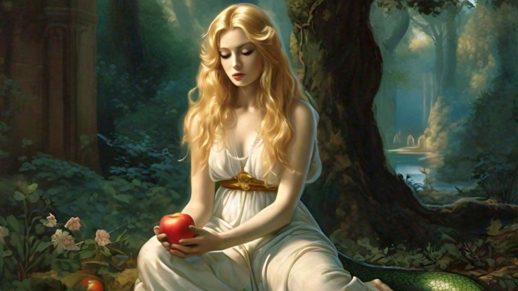 Lilith with apple in garden of eden