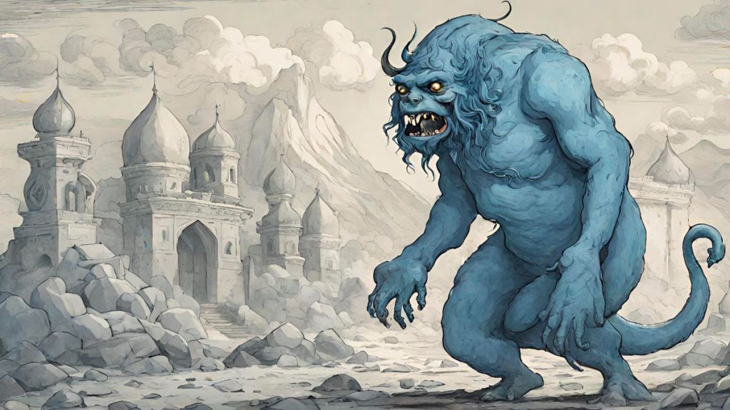 Marid as a large blue monster with a palace in the background